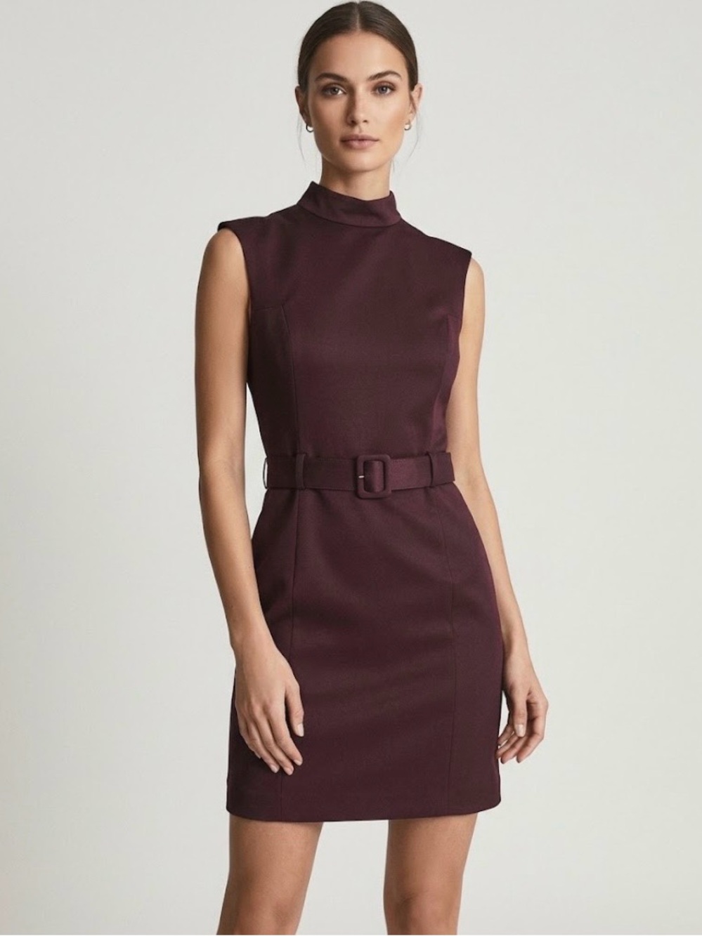 Hannah Hardy satin mock neck belted sleeveless dress in a deep plum 6